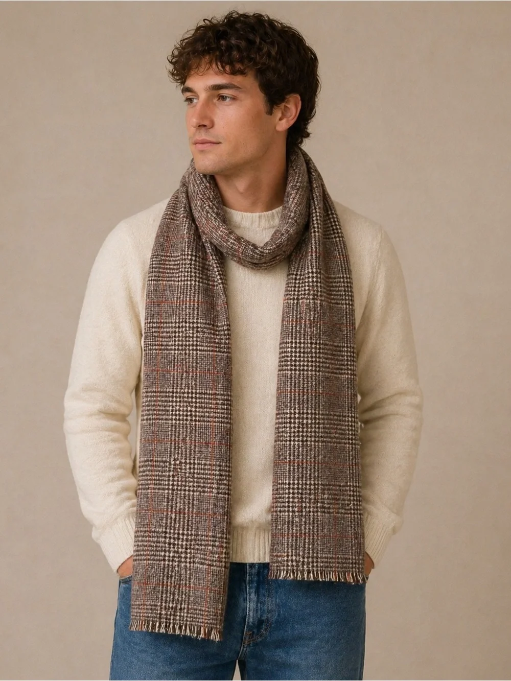 Line of Trade MENS Plaid Merino Wool Frayed Scarf Brown Tan